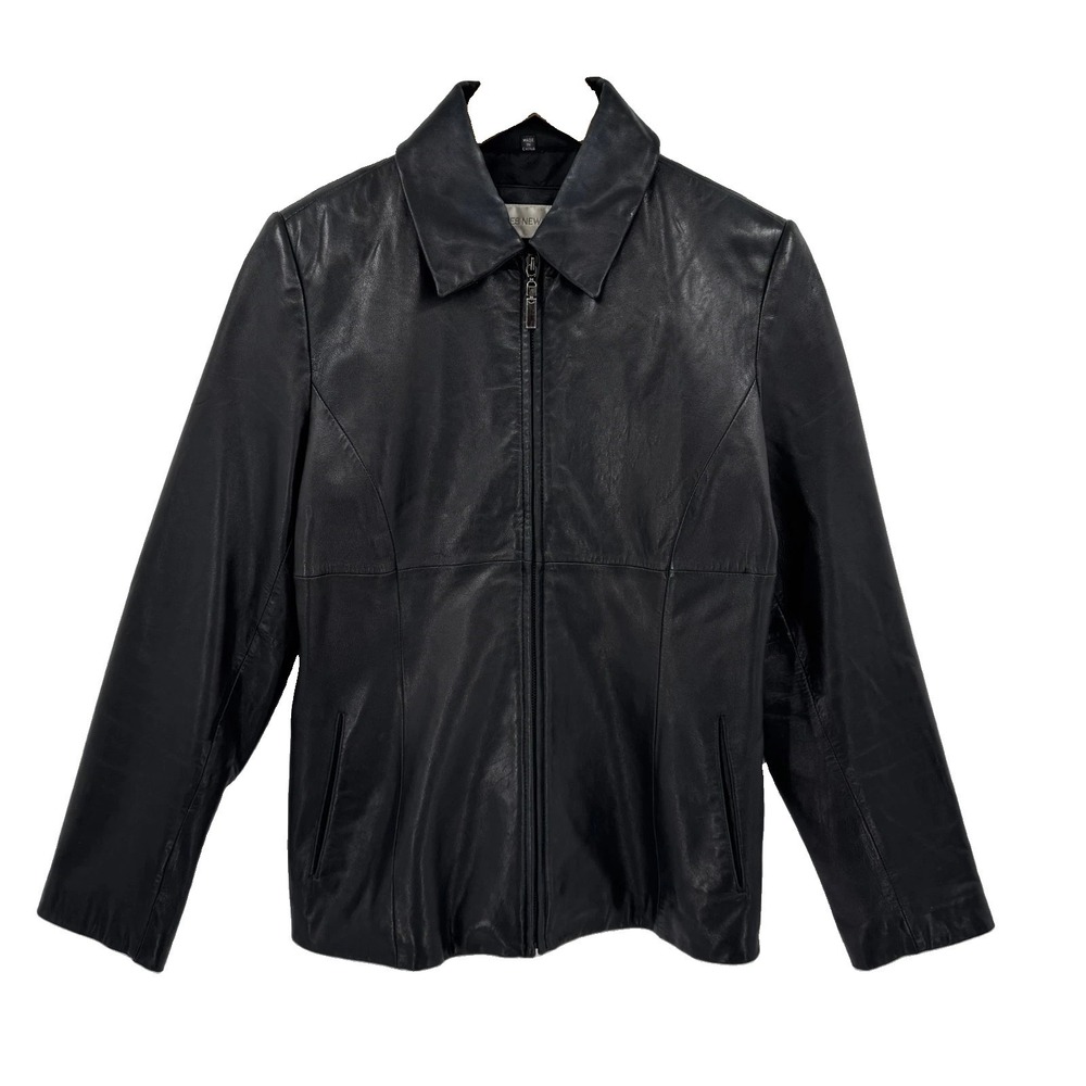 VTG Y2K Jones New York Women's M Black Genuine Leather Jacket Full Zip